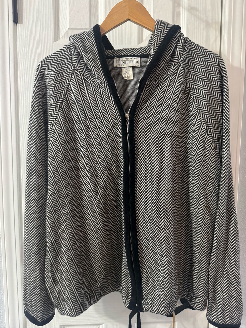 Saks Fifth Avenue Black & White Herringbone Zip Hoodie